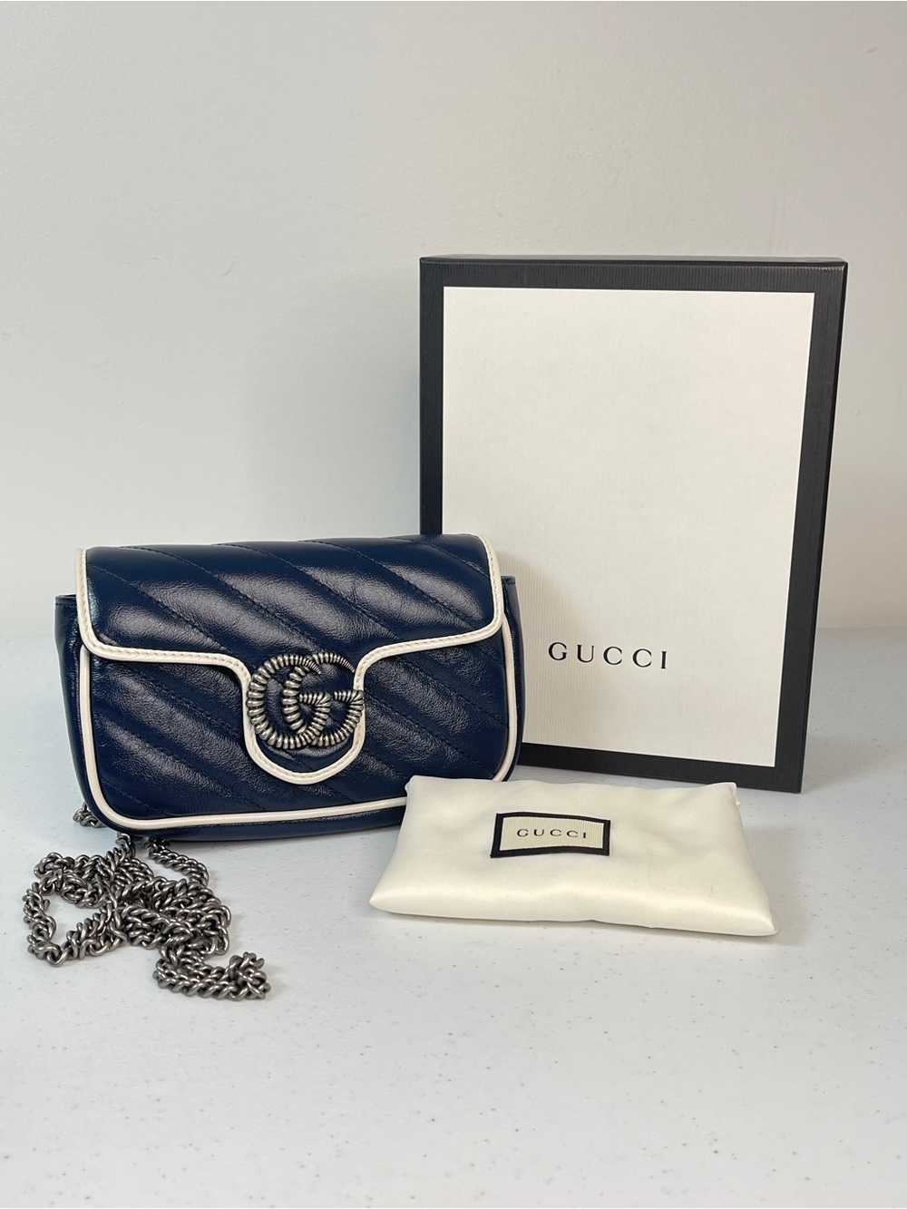 Gucci Navy Quilted Leather Crossbody Mini Bag with Silver Chain
